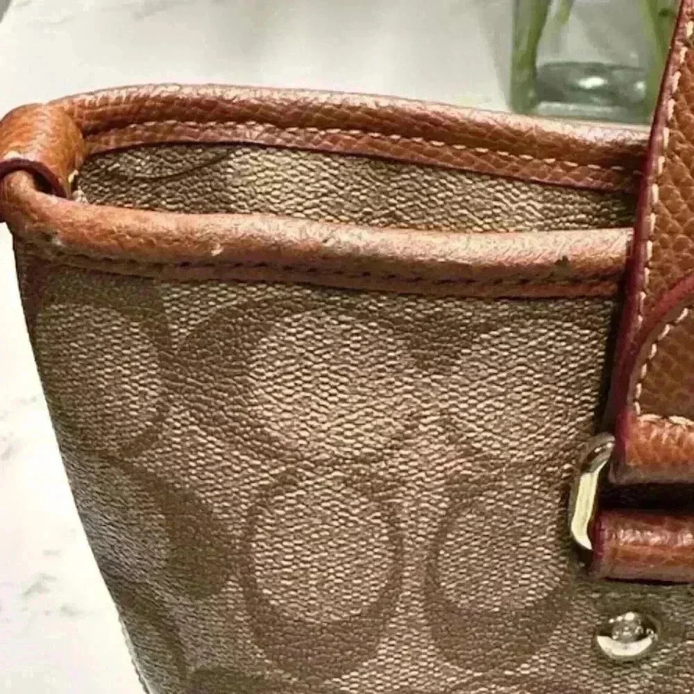 Coach F34603 Signature Zip Top Tote Shoulder Bag Khaki Saddle Jacquard - Picture 8 of 16